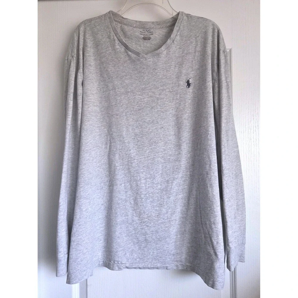 Polo Ralph Lauren Heather Grey V-Neck Long Sleeve T-Shirt Classic Fit Sz XXL